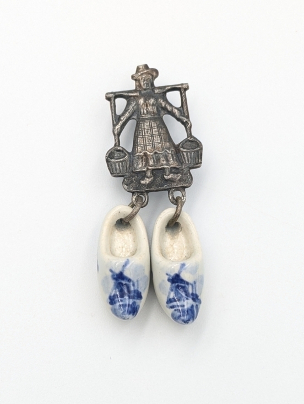 Vintage Dutch milkmaid brooch pin dangling ceramic delt clogs
